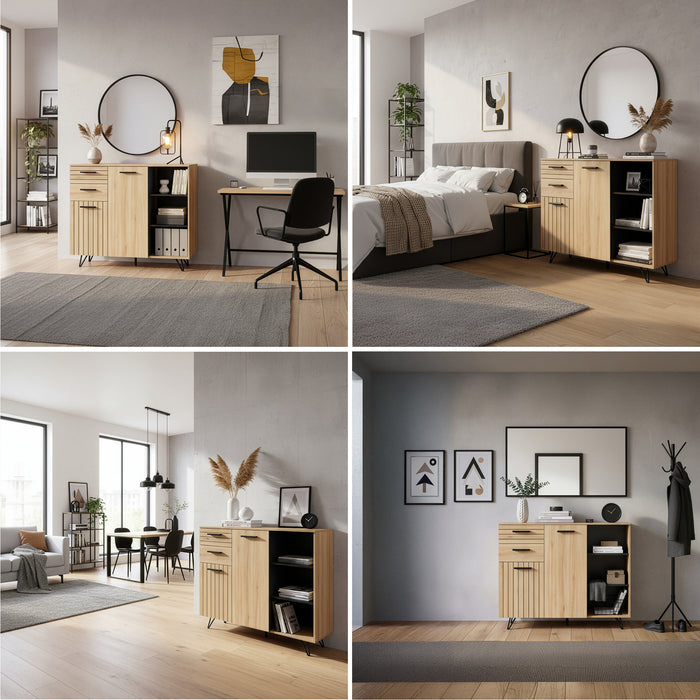 Credenza Noppen con Cassetti e Ante Mobile Contenitore 100x120x38 cm - Effetto Rovere [en.casa]