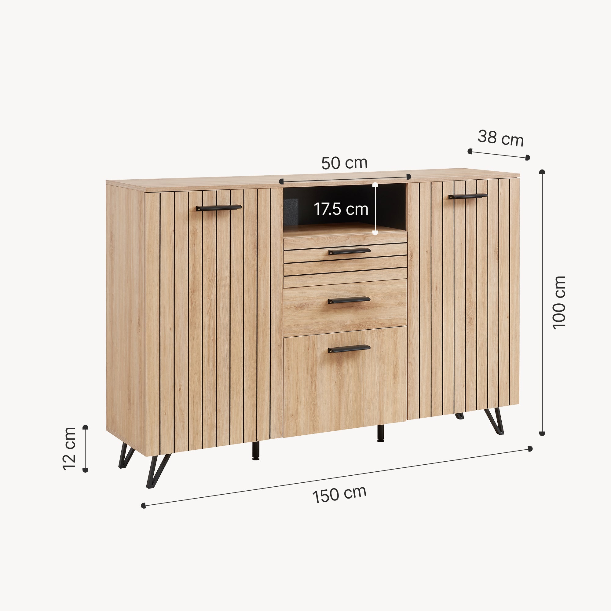 Credenza Noppen con Cassetti e Ante Mobile Contenitore 100x150x38 cm - Effetto Rovere [en.casa]