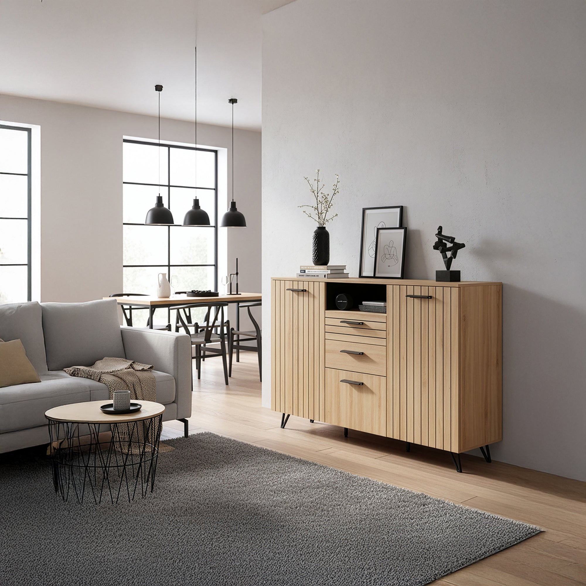 Credenza Noppen con Cassetti e Ante Mobile Contenitore 100x150x38 cm - Effetto Rovere [en.casa]