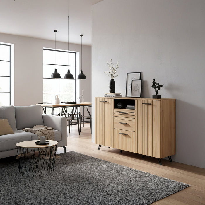 Credenza Noppen con Cassetti e Ante Mobile Contenitore 100x150x38 cm - Effetto Rovere [en.casa]