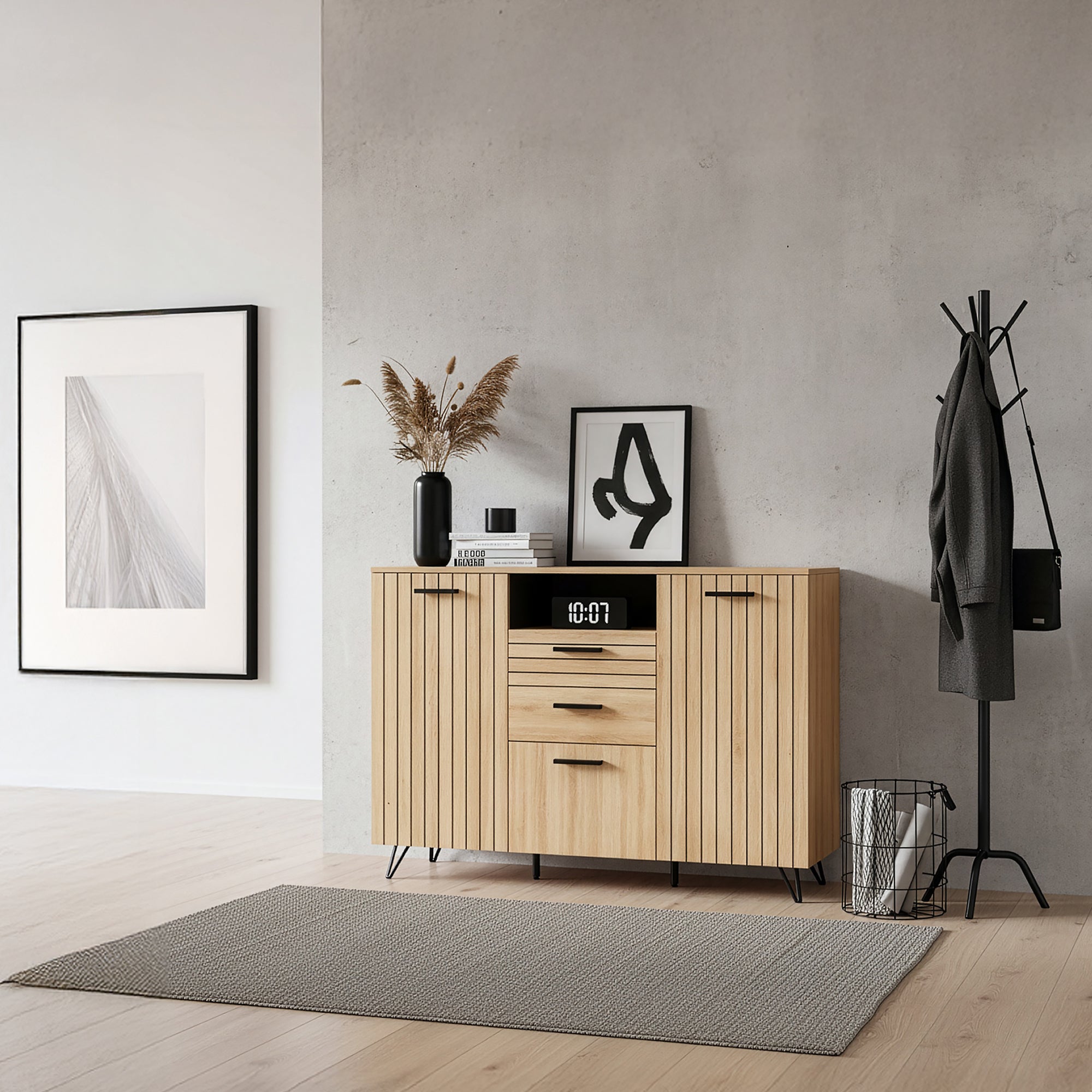 Credenza Noppen con Cassetti e Ante Mobile Contenitore 100x150x38 cm - Effetto Rovere [en.casa]