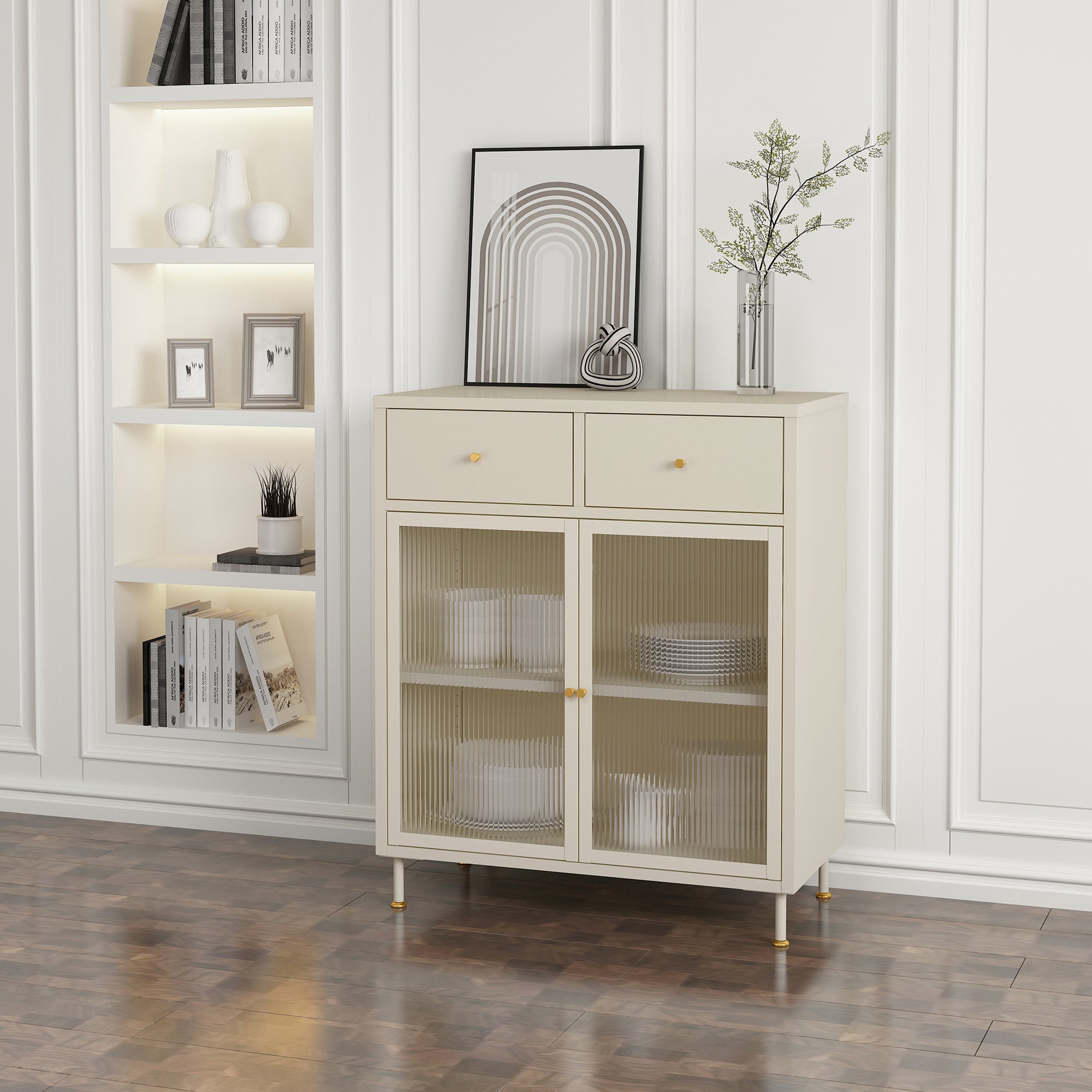 Credenza in Acciaio Lindau con Vetrina e 2 Cassetti 97x80x40 cm Bianco Crema [en.casa]