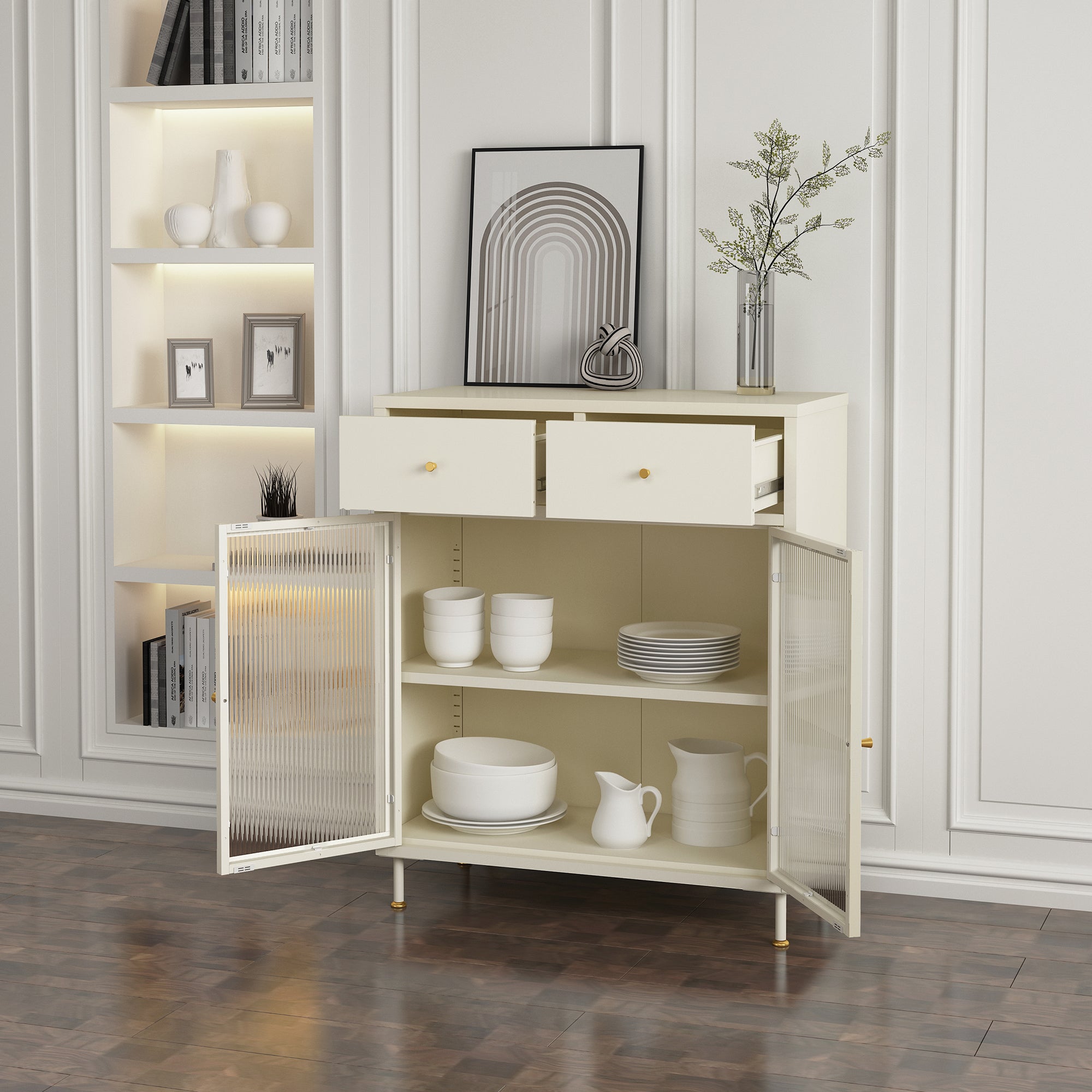 Credenza in Acciaio Lindau con Vetrina e 2 Cassetti 97x80x40 cm Bianco Crema [en.casa]