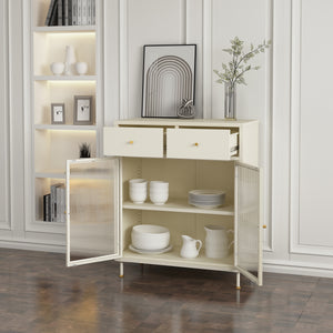 Credenza in Acciaio Lindau con Vetrina e 2 Cassetti 97x80x40 cm Bianco Crema [en.casa]