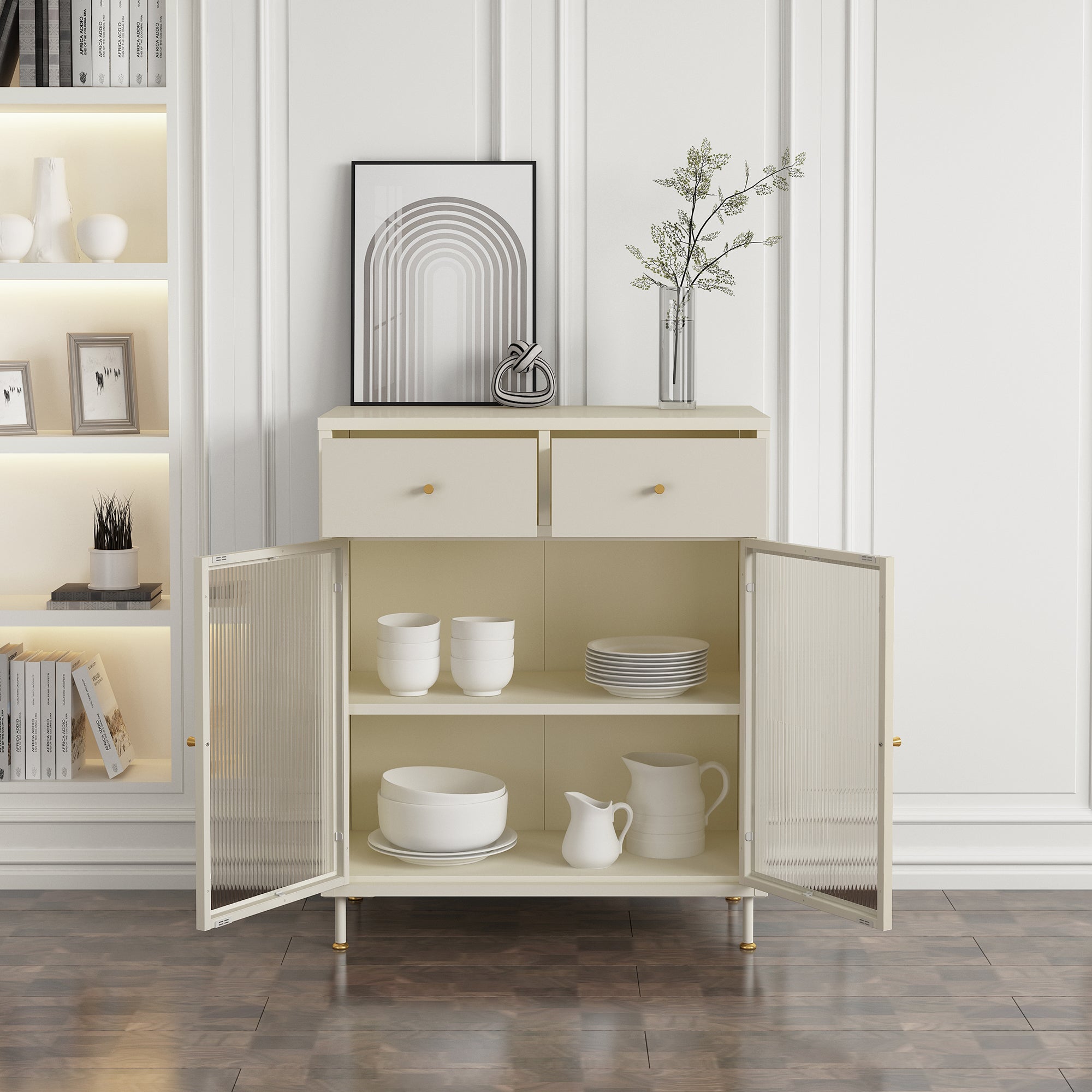 Credenza in Acciaio Lindau con Vetrina e 2 Cassetti 97x80x40 cm Bianco Crema [en.casa]