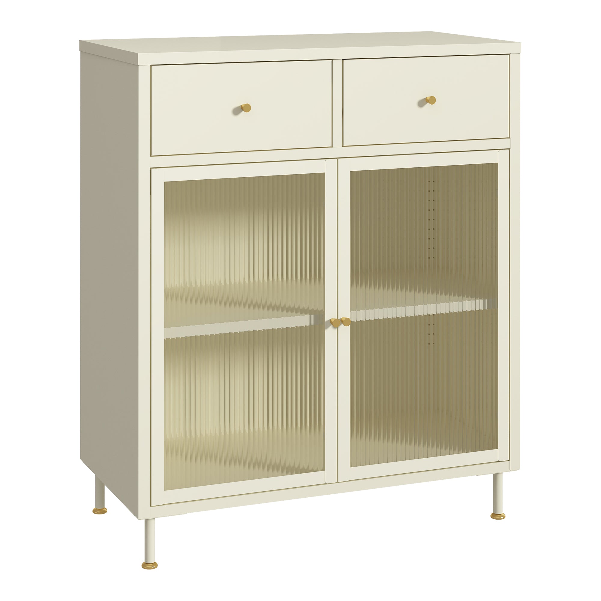 Credenza in Acciaio Lindau con Vetrina e 2 Cassetti 97x80x40 cm Bianco Crema [en.casa]