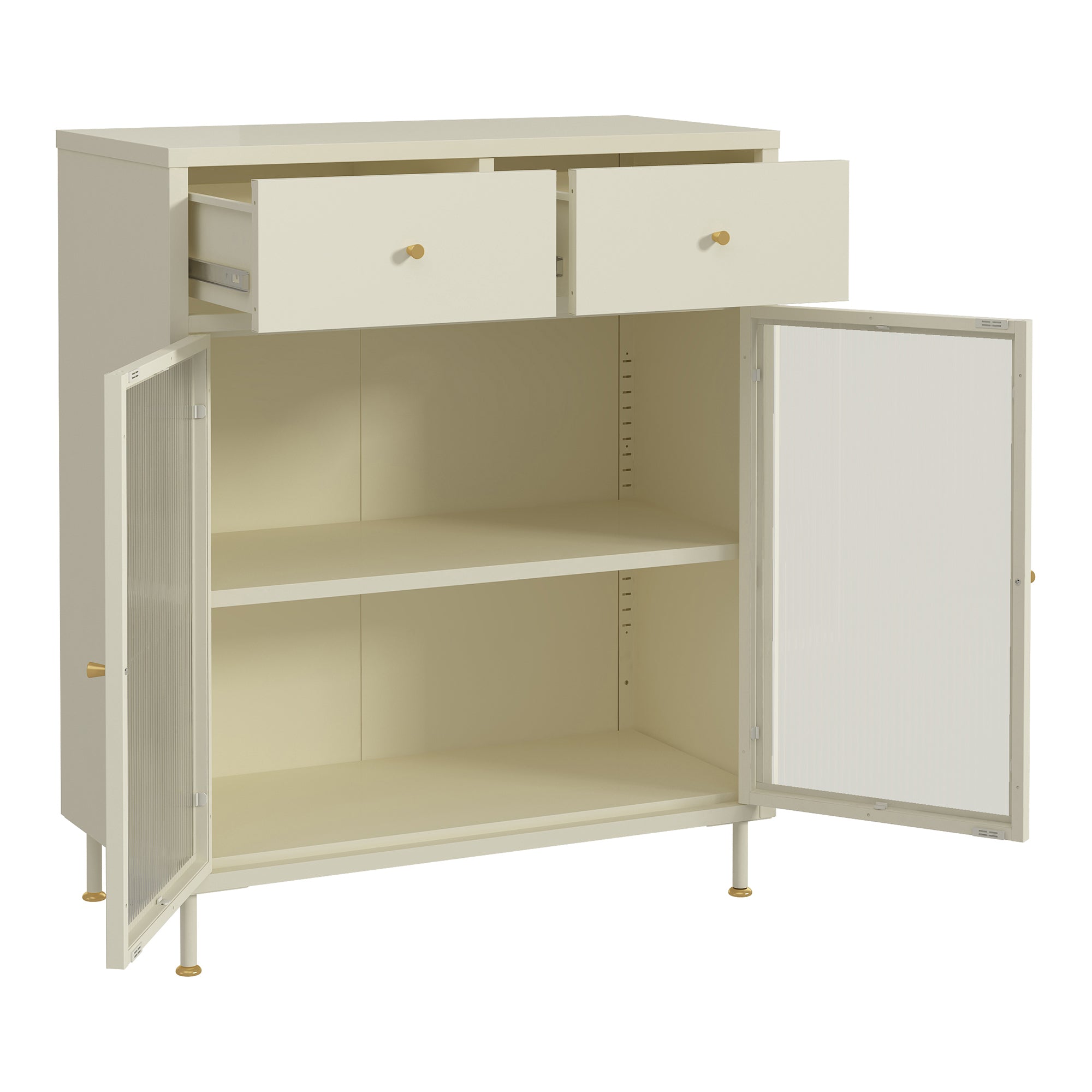 Credenza in Acciaio Lindau con Vetrina e 2 Cassetti 97x80x40 cm Bianco Crema [en.casa]