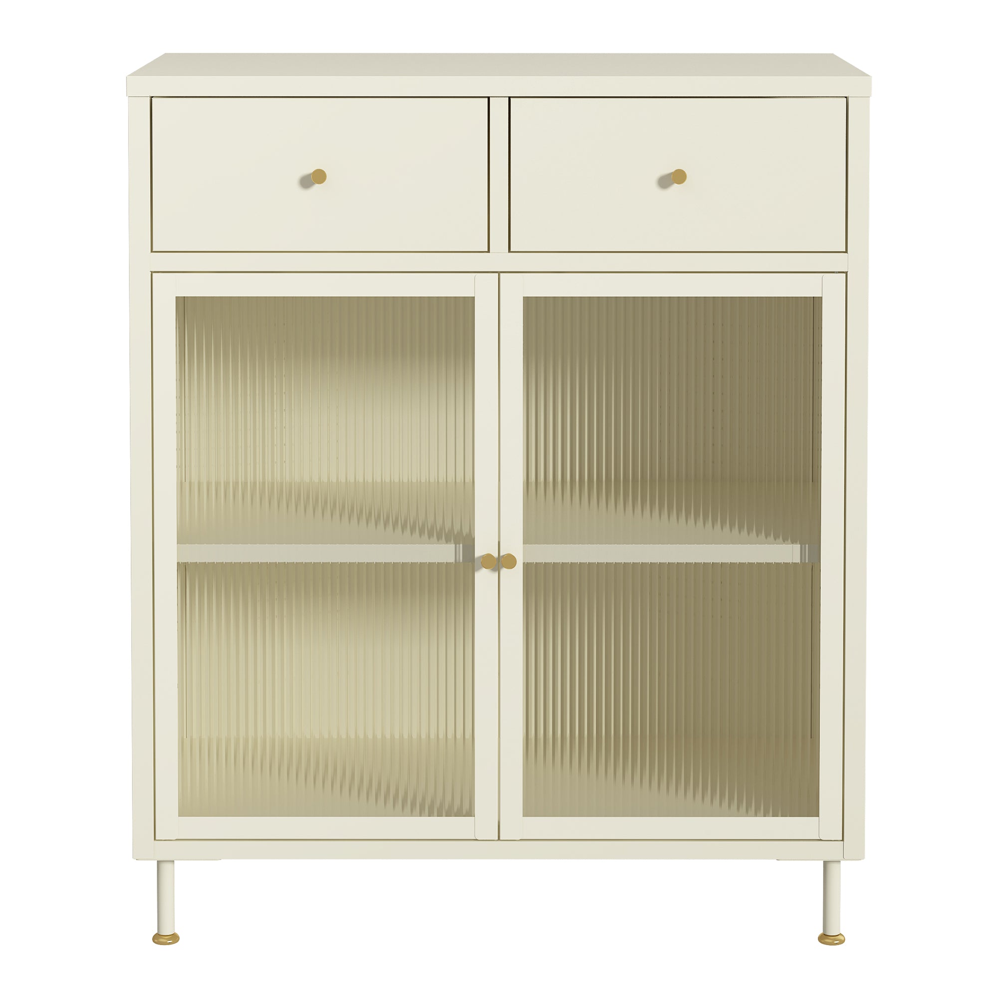 Credenza in Acciaio Lindau con Vetrina e 2 Cassetti 97x80x40 cm Bianco Crema [en.casa]