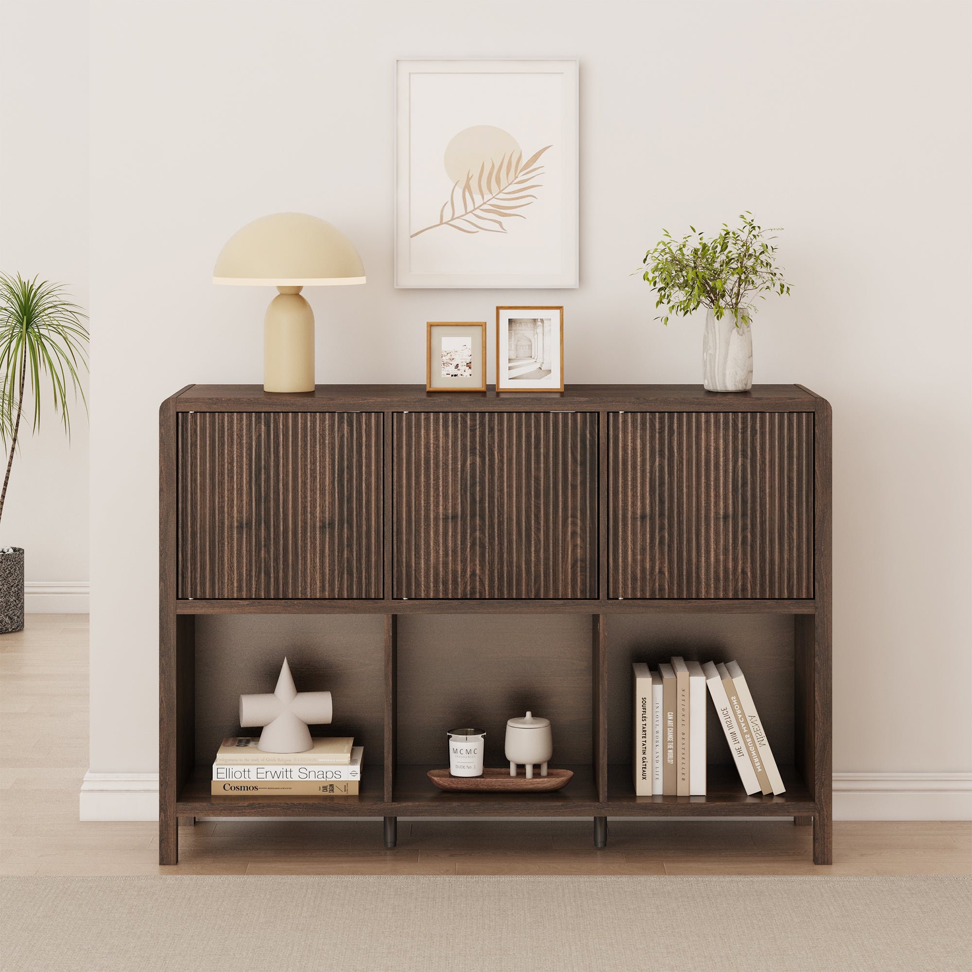 Credenza Bassa Lukkodso con 3 Ante e Scomparti Aperti 77x110x30 cm Effetto Noce [en.casa]