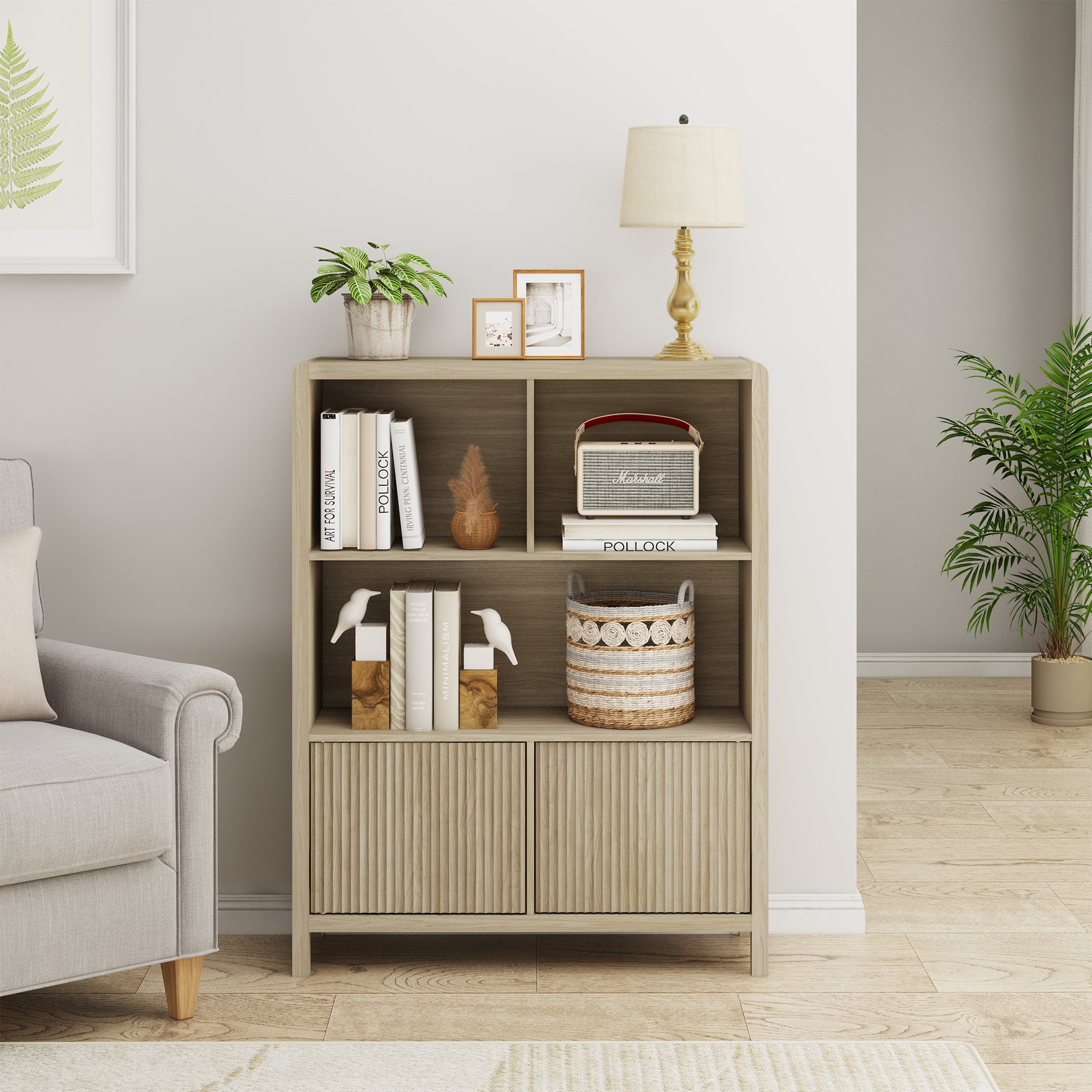 Credenza Bassa Lukkodso con 2 Ante e Scomparti Aperti 103x80x28 cm Effetto Rovere [en.casa]