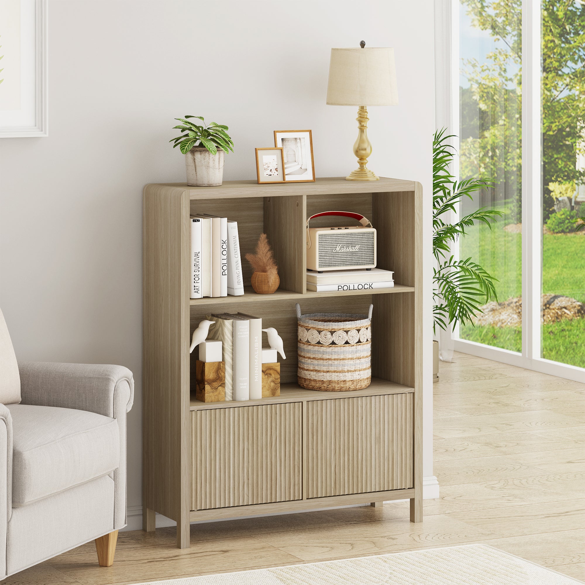 Credenza Bassa Lukkodso con 2 Ante e Scomparti Aperti 103x80x28 cm Effetto Rovere [en.casa]