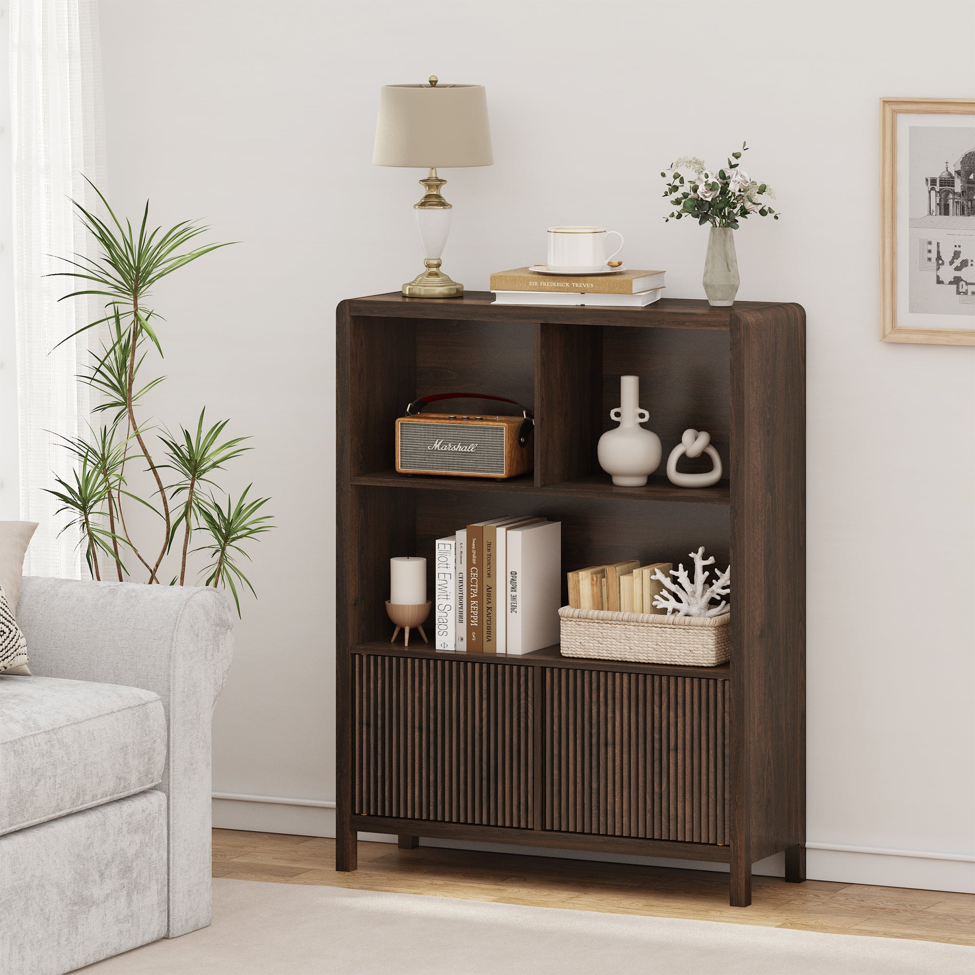 Credenza Bassa Lukkodso con 2 Ante e Scomparti Aperti 103x80x28 cm Effetto Noce [en.casa]