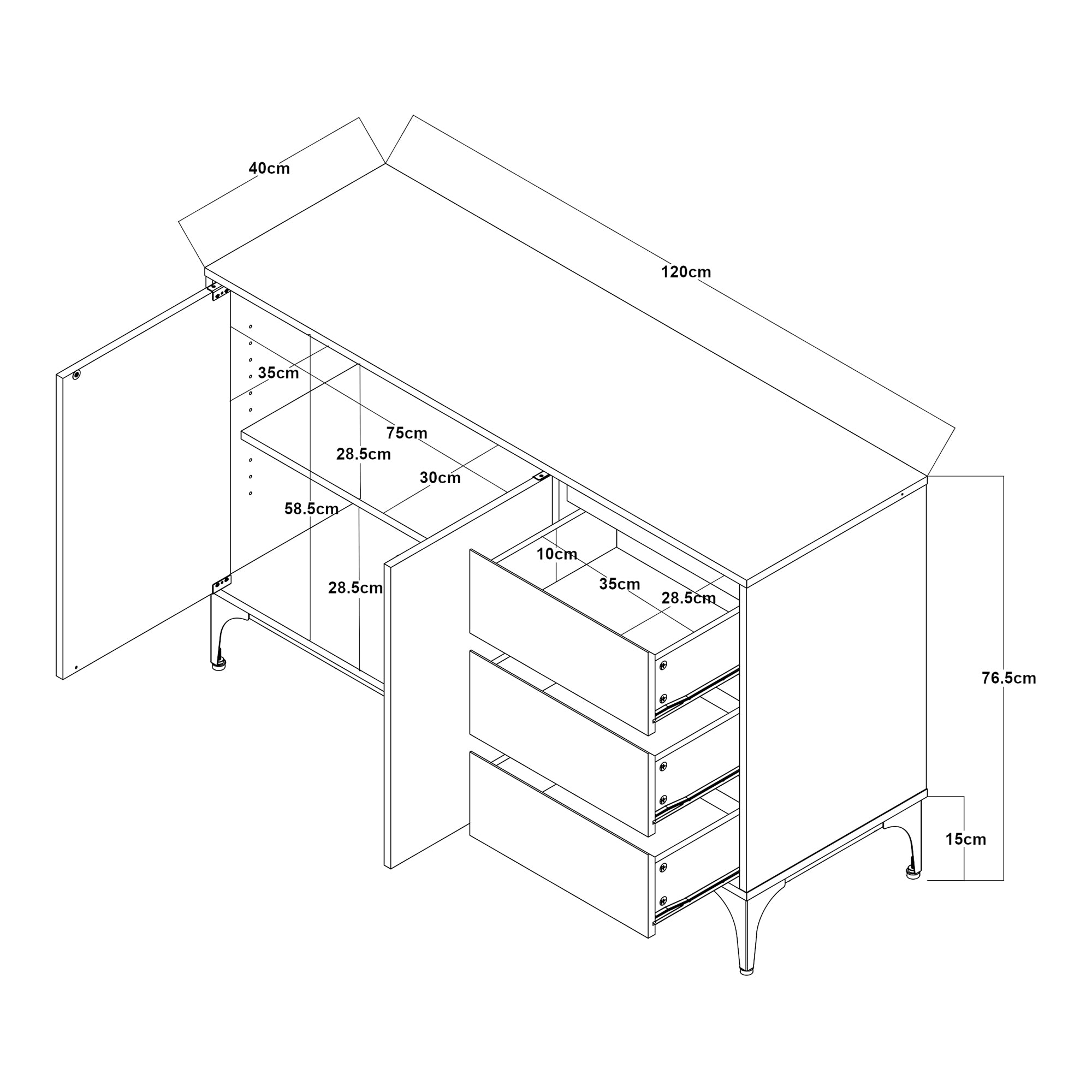 Credenza Bassa Kistiandi a 2 Ante e 3 Cassetti 77 x 120 x 40 cm - Effetto Rovere Chiaro [en.casa]