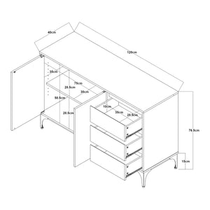 Credenza Bassa Kistiandi a 2 Ante e 3 Cassetti 77 x 120 x 40 cm - Effetto Rovere Chiaro [en.casa]