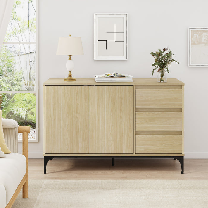 Credenza Bassa Kistiandi a 2 Ante e 3 Cassetti 77 x 120 x 40 cm - Effetto Rovere Chiaro [en.casa]