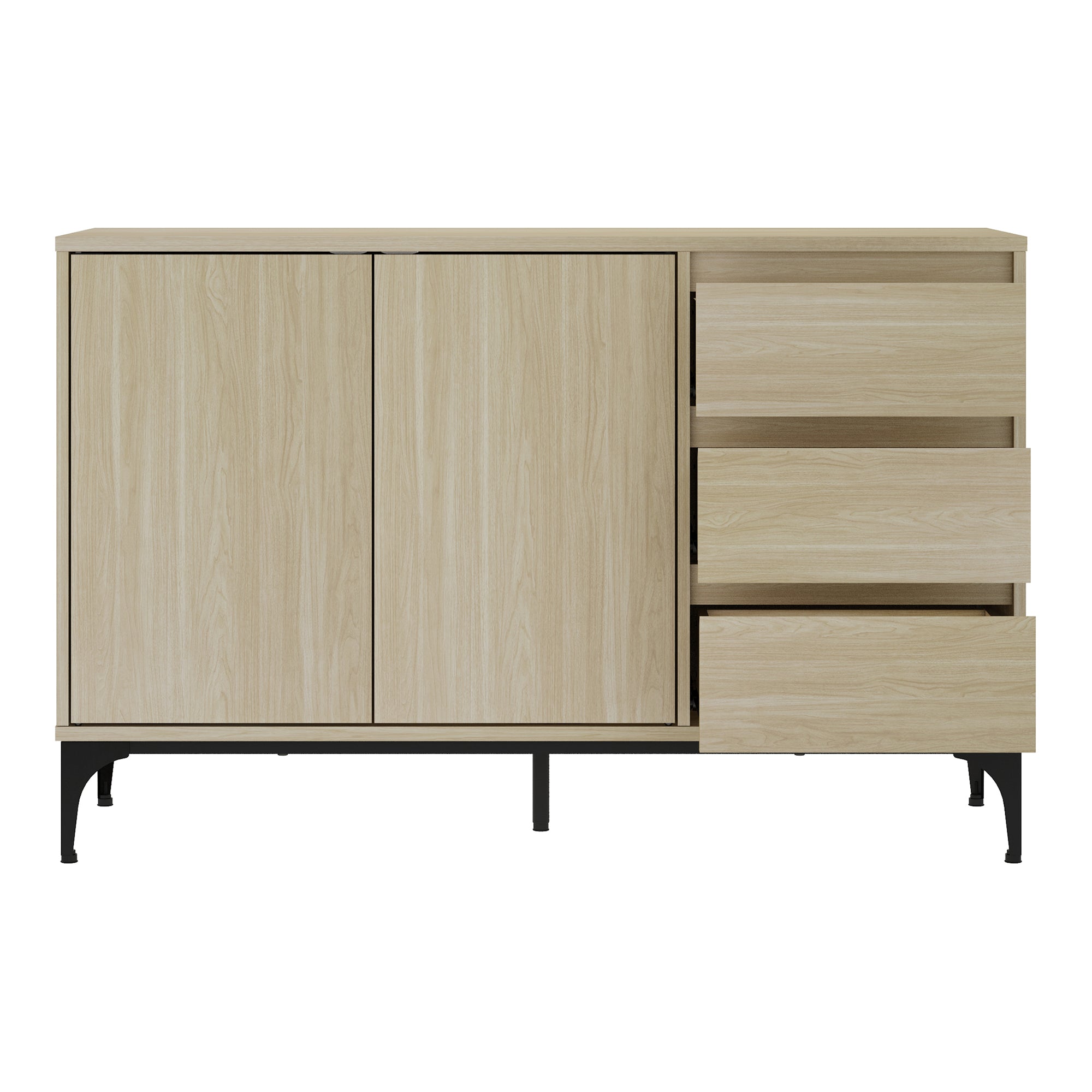 Credenza Bassa Kistiandi a 2 Ante e 3 Cassetti 77 x 120 x 40 cm - Effetto Rovere Chiaro [en.casa]