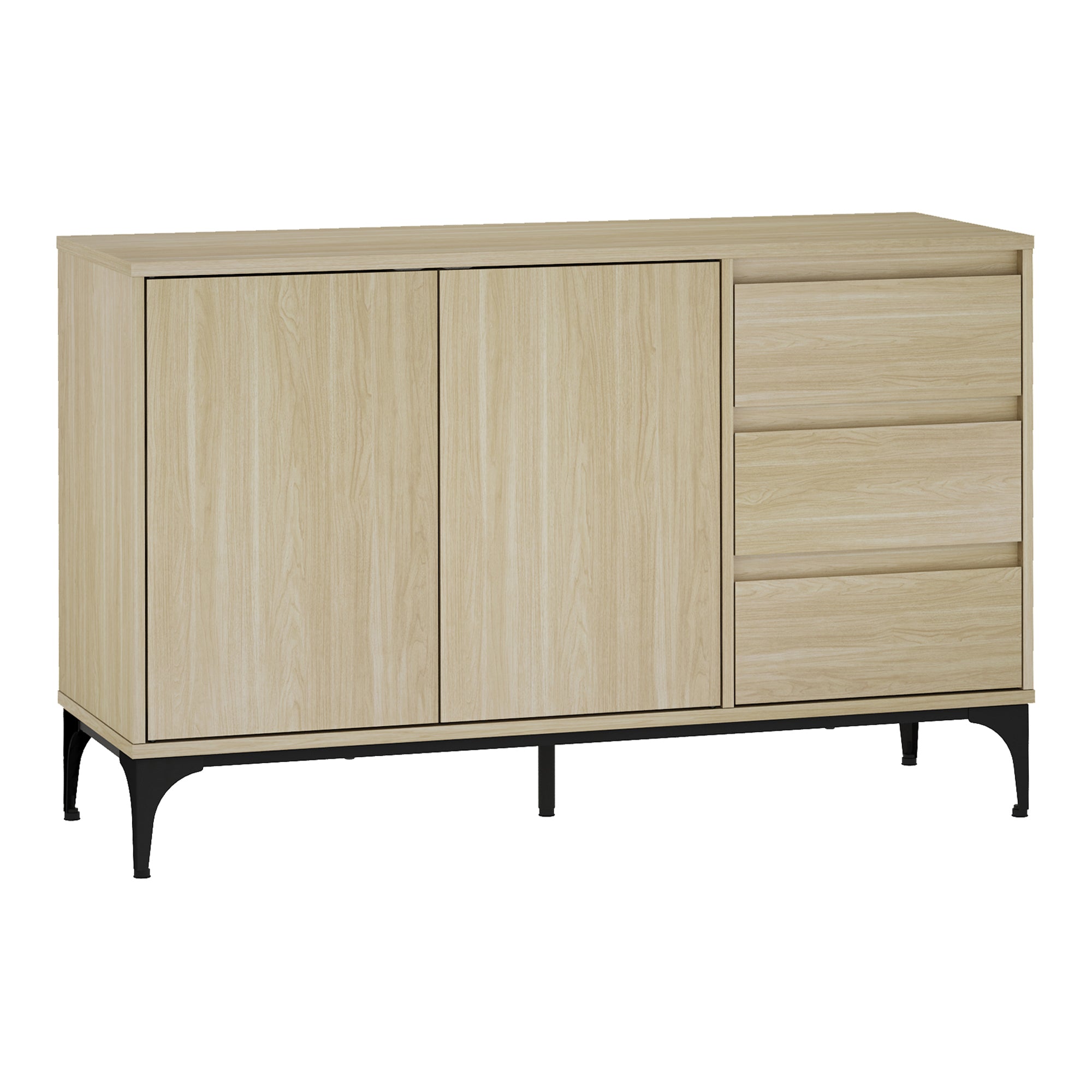 Credenza Bassa Kistiandi a 2 Ante e 3 Cassetti 77 x 120 x 40 cm - Effetto Rovere Chiaro [en.casa]