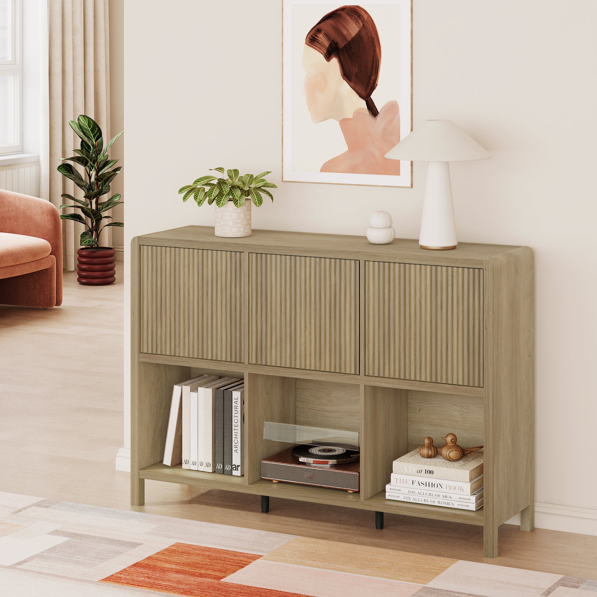 Credenza Bassa Lukkodso con 3 Ante e Scomparti Aperti 77x110x30 cm Effetto Rovere Rustico [en.casa]