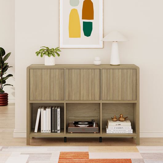 Credenza Bassa Lukkodso con 3 Ante e Scomparti Aperti 77x110x30 cm Effetto Rovere Rustico [en.casa]