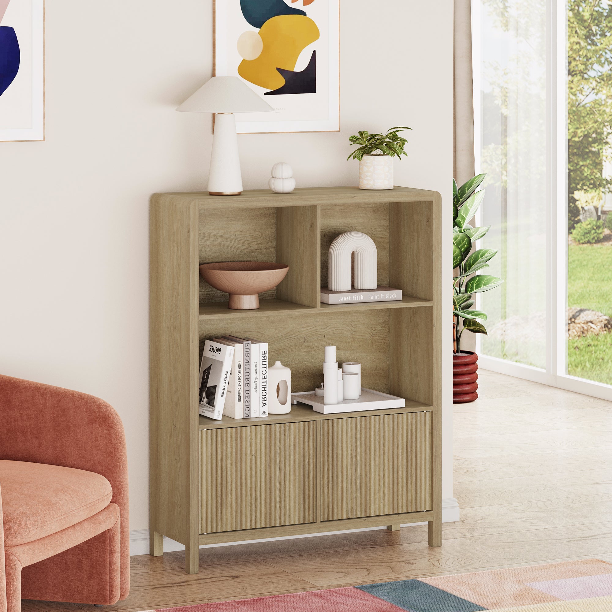 Credenza Bassa Lukkodso con 2 Ante e Scomparti Aperti 103x80x28 cm Effetto Rovere Rustico [en.casa]
