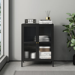 Credenza Säkylä Comò con Ante in Vetro Scanalato 84x64x35 cm Nero [en.casa]
