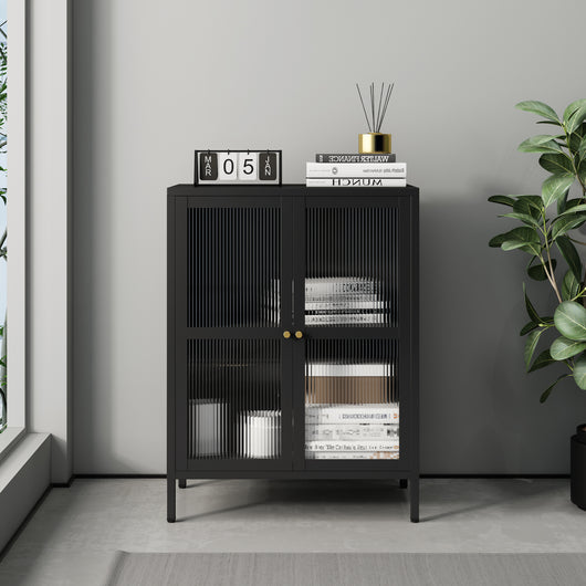 Credenza Säkylä Comò con Ante in Vetro Scanalato 84x64x35 cm Nero [en.casa]