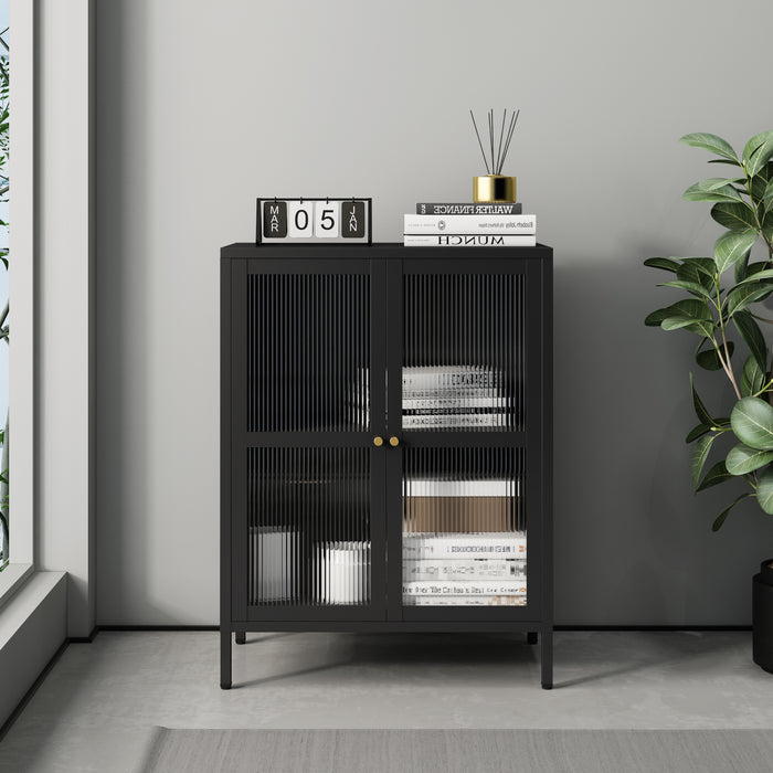 Credenza Säkylä Comò con Ante in Vetro Scanalato 84x64x35 cm Nero [en.casa]