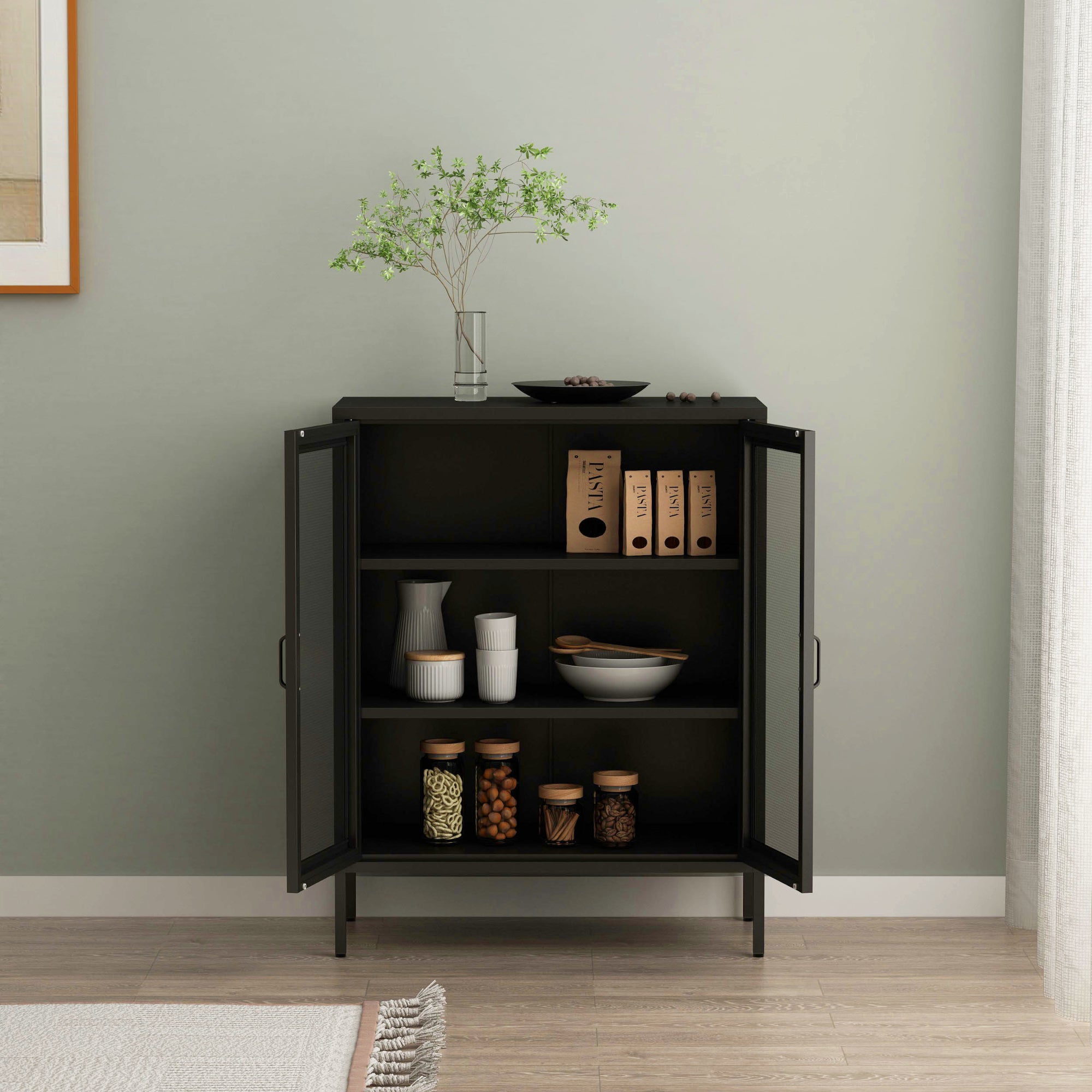 Credenza Falköping in Acciaio con 2 Ante Reticolate 101,5 x 80 x 40 cm Nero [en.casa]