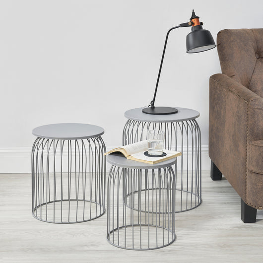 [en.casa] Set di 3 Tavolini d'Appoggio in Varie Altezze Tavolini Bassi da Salotto a Forma di Cestino Gabbia - Grigio
