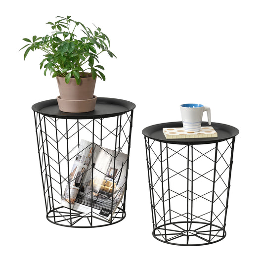 Set da 2 Tavolini a Forma di Cestello in 2 Misure Diverse con Piano Tondo Rimovibile 2 Tavolini da Salotto / Soggiorno