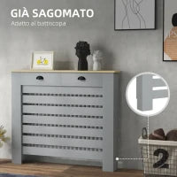 Copritermosifone in MDF a Doghe, Copricalorifero a Griglia con 2 Cassetti, 111x19x95.5 cm, Grigio