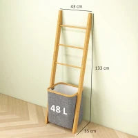 Mobile per Bagno in Bambù con Portasciugamani a 3 Barre e Cesto per Biancheria Sporca Estraibile da 48 L, Grigio