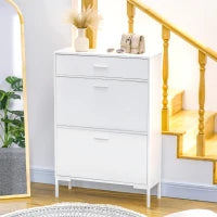 Mobile Scarpiera Moderno per 12 Paia di Scarpe con 2 Ante a Ribalta e Cassetto, 76x26x110 cm, Bianco