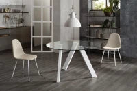 E-STYLO Tavolo fisso con top in vetro temperato e gambe in metallo bianco, 120cm X 120cm H. 75cm.