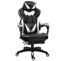 Sedia da Gaming Ergonomica, Sedia da Ufficio Confortevole con Poggiapiedi, Poggiatesta e Cuscino Lombare, Altezza Regolabile, Nero e Bianco