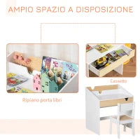 Set Scrivania e Sedia per Bambini con Cassetto e Scaffale, Bordi Arrotondati, Età 6-10 Anni, Bianco e Legno