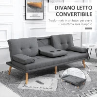 Divano Letto 3 Posti Reclinabile con 2 Braccioli Staccabili, in Tessuto Effetto Lino e Legno di Pioppo, 181x77x78 cm