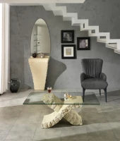 E-STYLO Tavolino moderno con base in pietra fossile e piano in vetro temperato, un pezzo d'arredo elegante e di grande impatto visivo, perfetto per completare soggiorni e salotti dallo stile contemporaneo o naturale, 70cm X 120cm H. 40cm