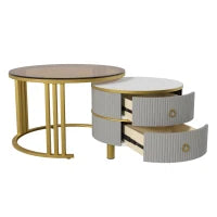 Tavolino 2-in-1 in MDF con Piano Lucido e Piano in Vetro Temperato Marrone, Combinazione Tavolino Soggiorno con 2 Cassetti, 70x70x45 + 50x50x40 cm, Grigio