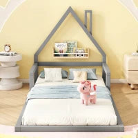 Letto Montessori a Forma di Casetta con Doghe in Legno, Letto per Cameretta per Bambini 4+ Anni, Senza Materasso, 90x200 cm, Grigio