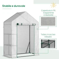 Serra da Giardino in PE e Acciaio per Esterni con 2 Scaffali e Porta Avvolgibile, 143x73x195 cm, Bianco