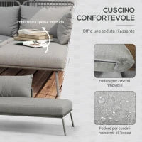Set da Giardino in Rattan PE Stile Boho, Divano 2 Posti con Chaise Longue e Tavolino, Grigio Chiaro
