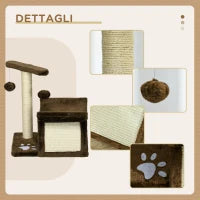 Tiragraffi Gatto Albero Tira Graffi Gioco Giocattolo per Gatti con Cuccia 2 Palline Appese in Sisal Naturale Altezza 43cm