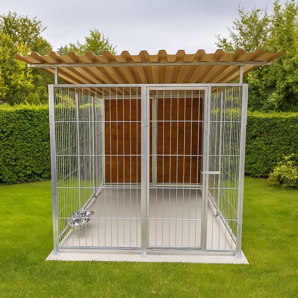 Box per cani coperto e retro in legno zincato con portaciotole da 200x300xaltezza 180 cm