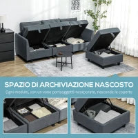 Divano Componibile Modulare 3 Posti con Pouf Poggiapiedi e Cuscini, Rivestimento in Flanella, Grigio Scuro