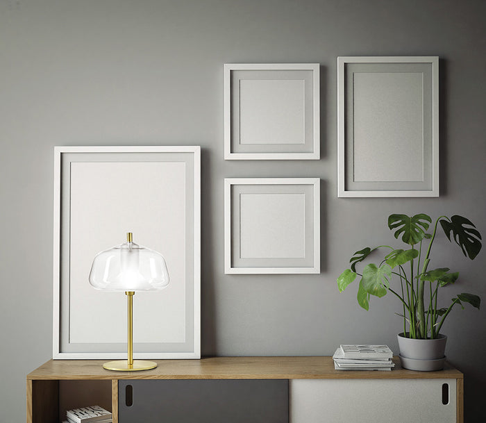 X-RAY LAMPADA DA TAVOLO VETRO BASSO 12CM  TRASPARENTE MONTATURA ORO ATTACCO G9