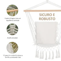 Sedia Sospesa a Dondolo da Interno ed Esterno in Tessuto con Nappe, 90x50 cm, Crema