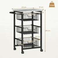 Carrello da Cucina a 3 Cestelli con Maniglia, in Acciaio e Legno, 49.5x31x69 cm, Nero e Grigio Chiaro