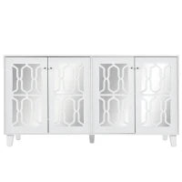 Credenza Bianca con Specchio e Maniglie di Cristallo, 4 Ante, Ripiano Interno Mobile, Design Coordinato, Perfetto per Soggiorno e Sala da Pranzo, Bianco