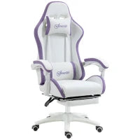 Sedia da Gaming con Altezza Regolabile e Schienale Reclinabile, 65x65x121-129 cm, Bianco e Viola